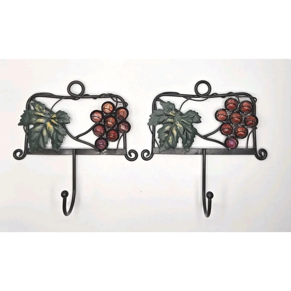 Two Vintage Metal Wall Mounted Racks with Hooks - Marble Grapes & Vine Design